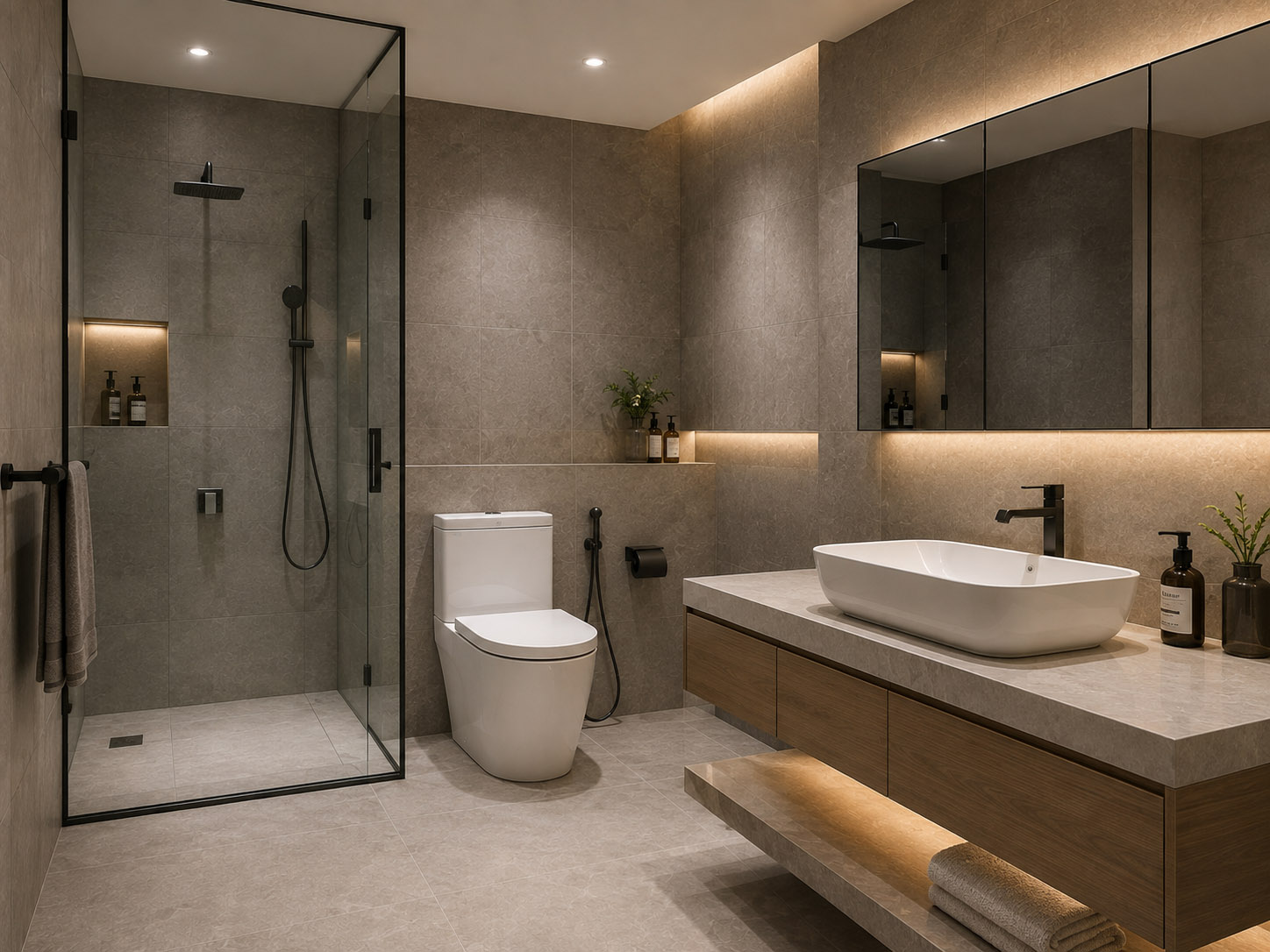 Phối bồn cầu, lavabo và sen tắm đồng bộ trong phòng tắm
