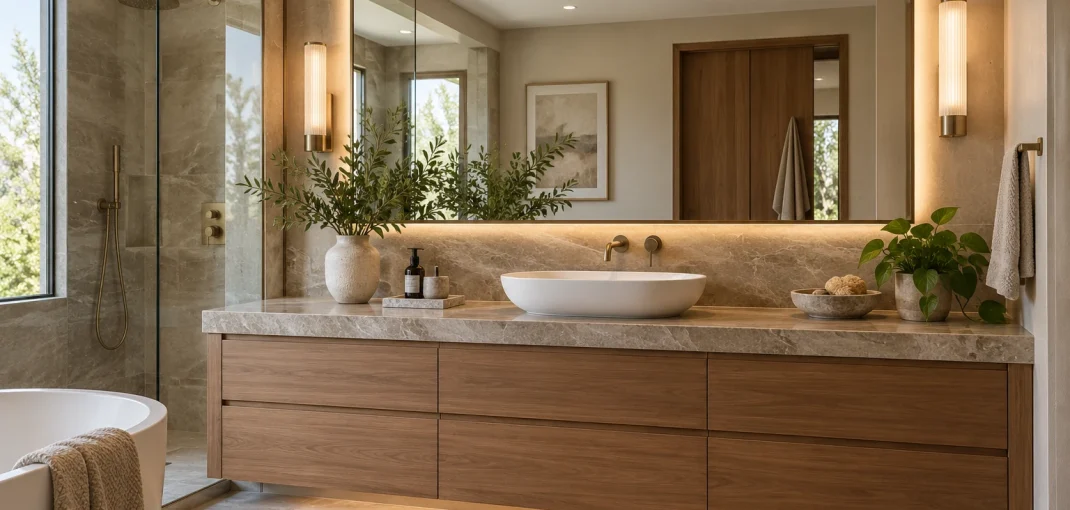 Thiết kế khu lavabo phòng tắm cao cấp với tủ chậu vòi gương và ánh sáng đồng bộ