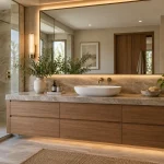Thiết kế khu lavabo phòng tắm cao cấp với tủ chậu vòi gương và ánh sáng đồng bộ
