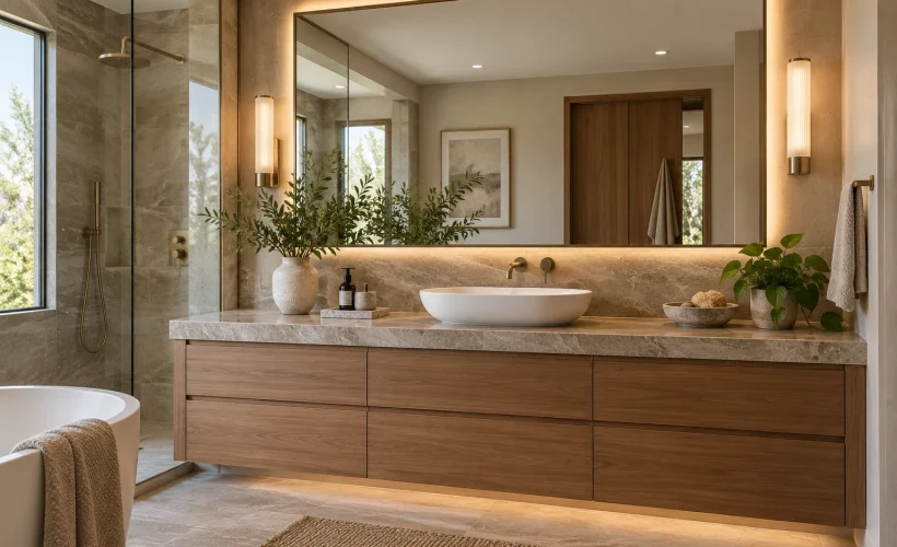 Thiết kế khu lavabo phòng tắm cao cấp với tủ chậu vòi gương và ánh sáng đồng bộ
