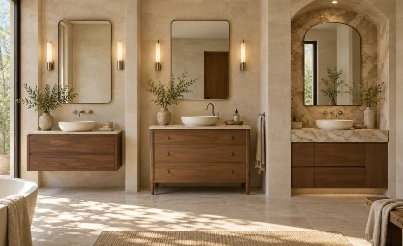Tủ lavabo phòng tắm treo tường đặt sàn và thiết kế riêng trong không gian hiện đại